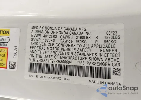 2024 Honda Civic Touring z USA, uszkodzony, nr VIN 2HGFE1F97RH300684